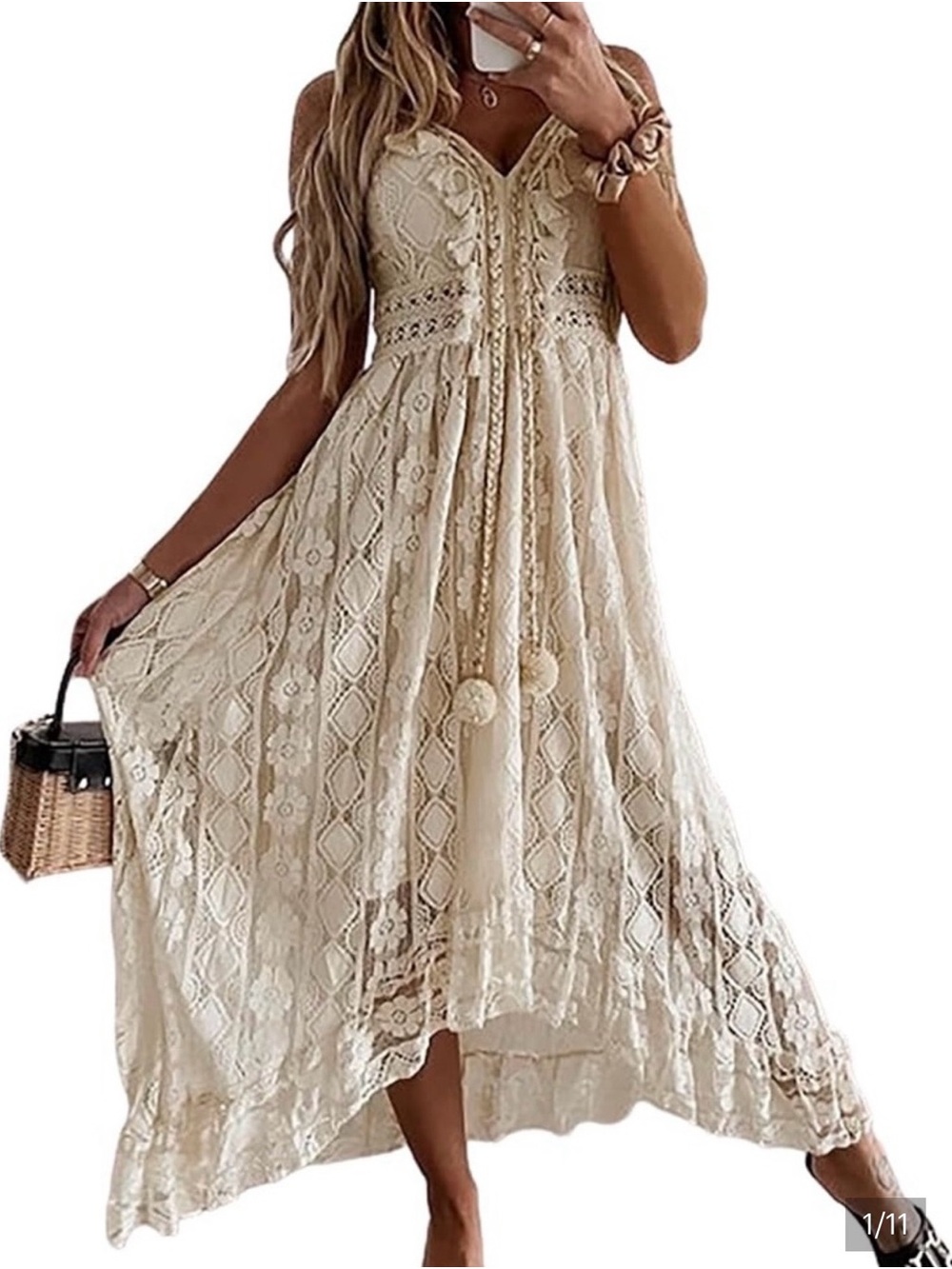 Cupshe Cream Lace Boho Dress Pom Pom Tassels High Low Midi, Size M, EUC!